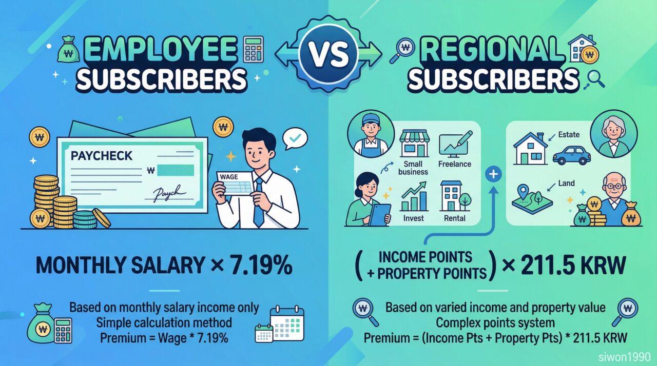 건강보험료 직장가입자 지역가입자 산정 기준 비교 인포그래픽