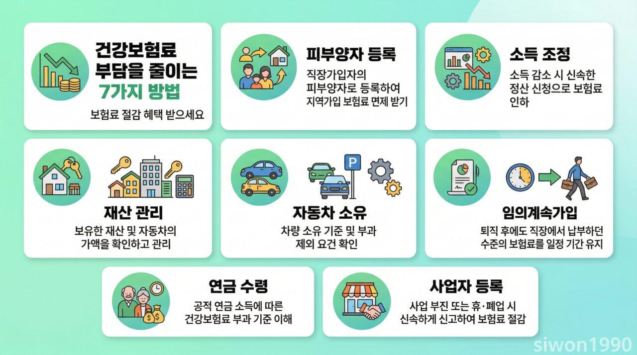 건강보험료 줄이는 방법 7가지 절감 꿀팁 요약 인포그래픽 카드