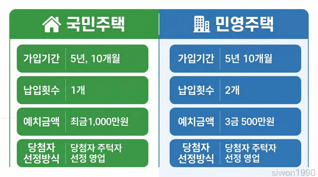 주택청약 1순위 조건 국민주택 민영주택 비교표 인포그래픽