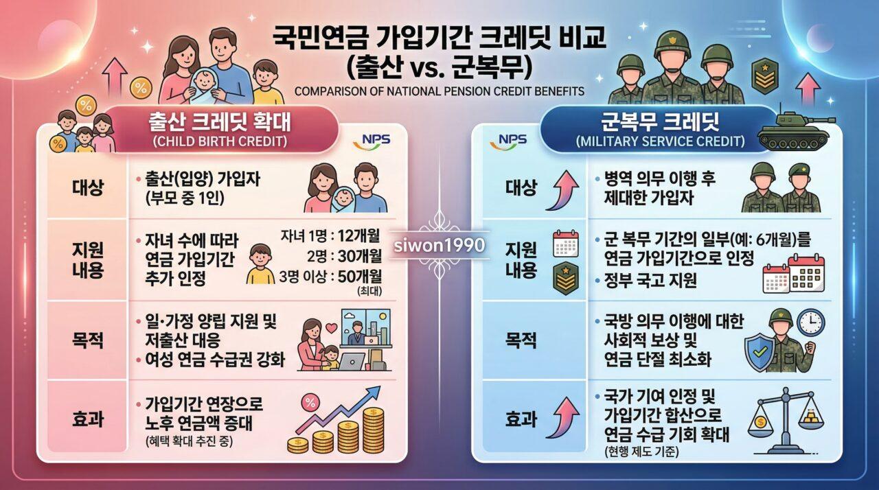 국민연금 개혁 출산크레딧 군복무크레딧 확대 비교 인포그래픽