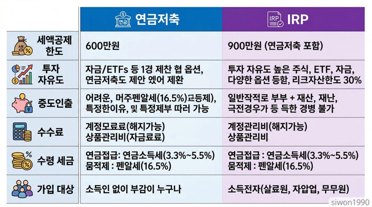 연금저축 IRP 비교 세액공제 투자자유도 중도인출 수수료 비교표