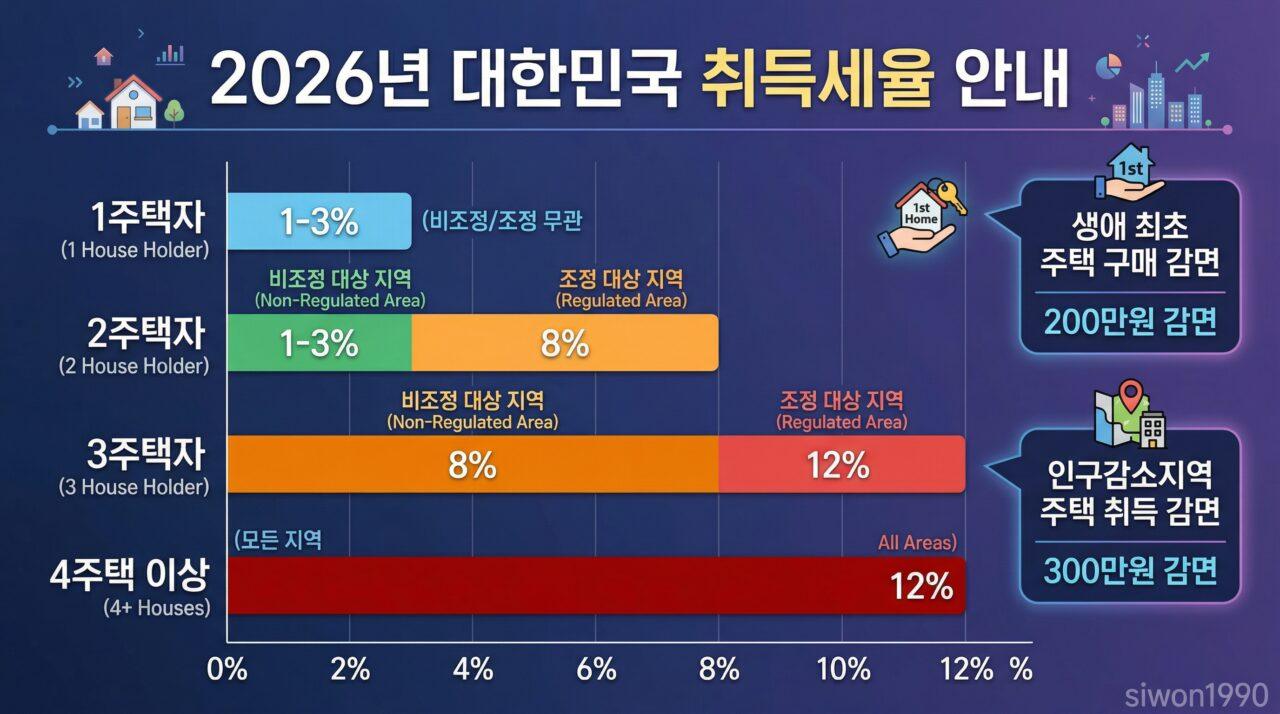 부동산 취득세율표 2026 1주택 다주택자 세율 비교 인포그래픽