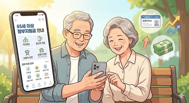 65세 이상 정부지원금 혜택을 확인하는 어르신 부부