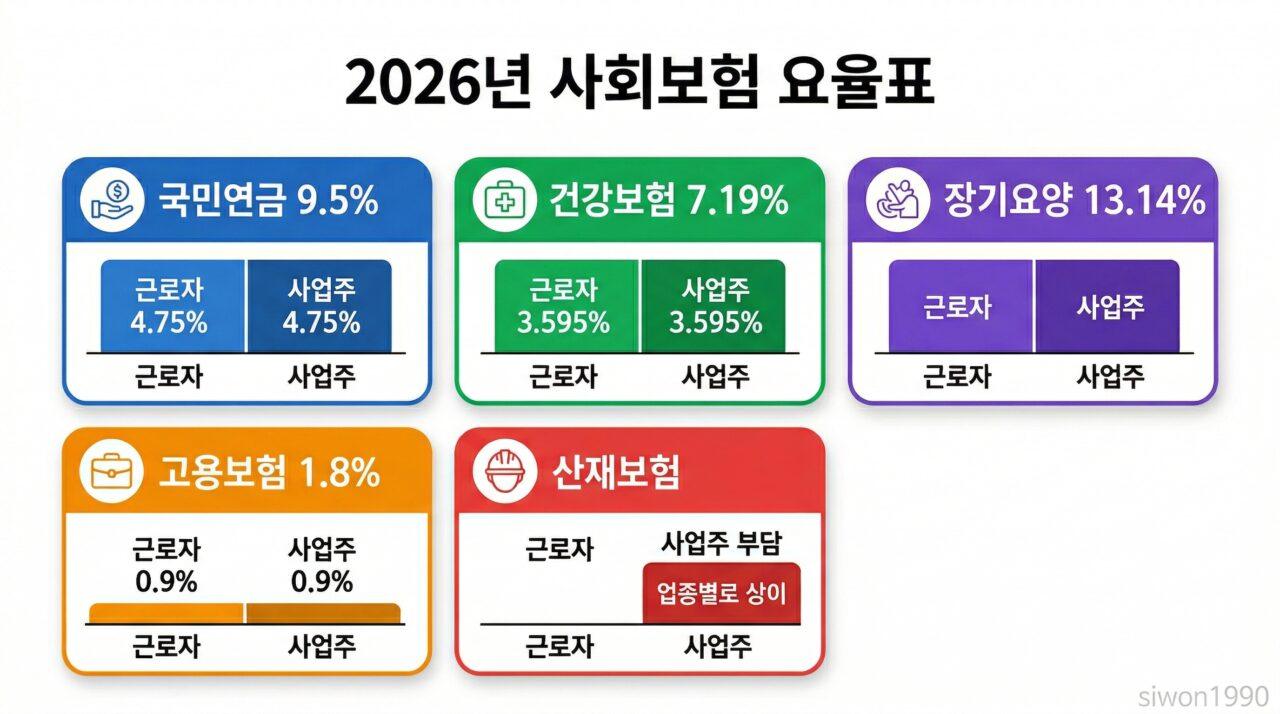 4대보험 계산 2026년 요율표 근로자 사업주 부담 비교 인포그래픽
