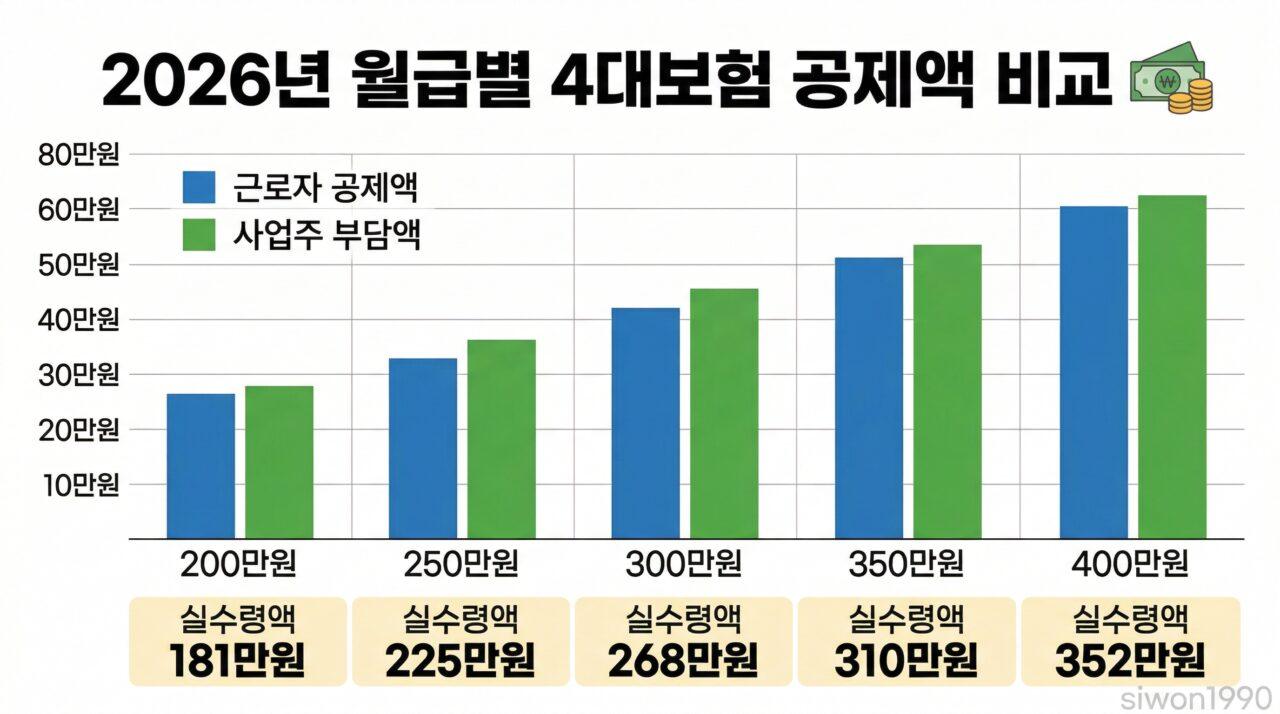 4대보험 계산 월급별 공제액 비교 차트 2026년 기준