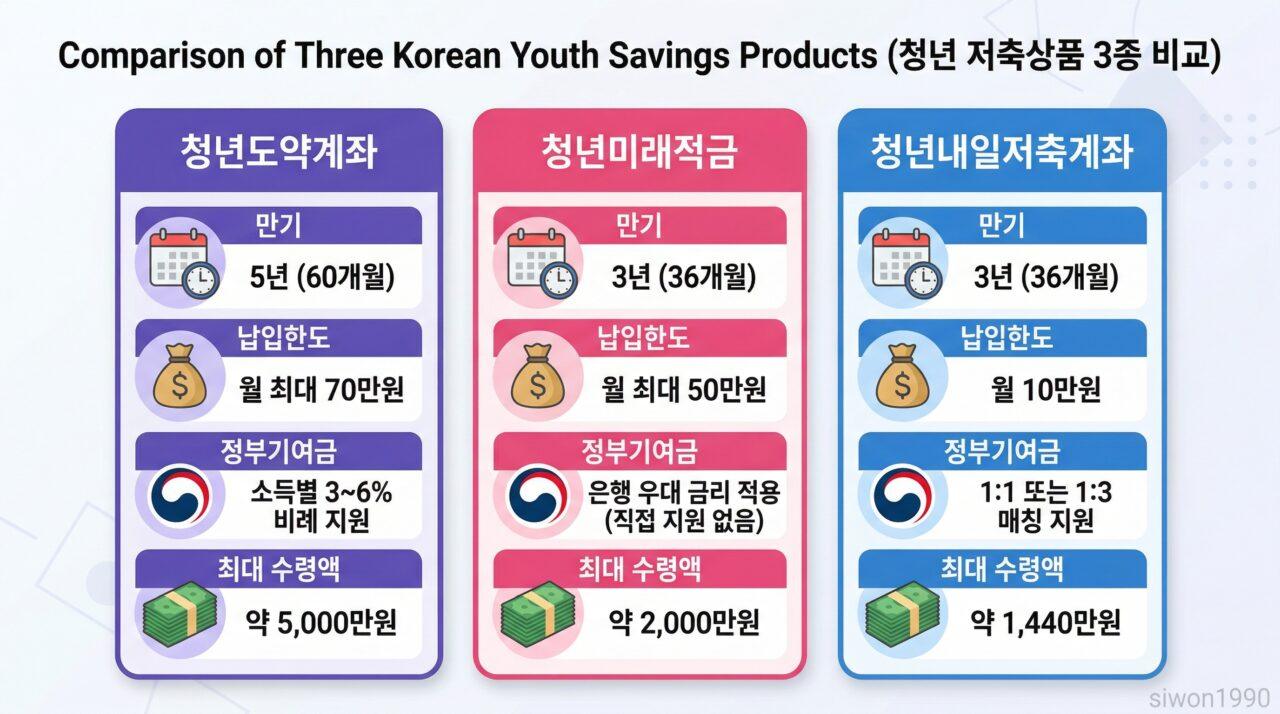 청년 정부지원금 청년도약계좌 청년미래적금 비교 인포그래픽