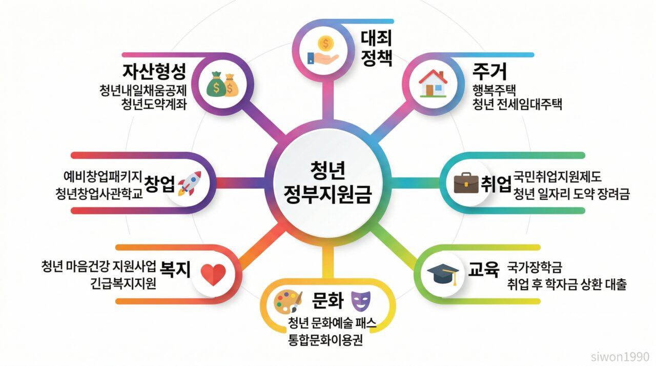청년 정부지원금 7대 분야 카테고리 마인드맵