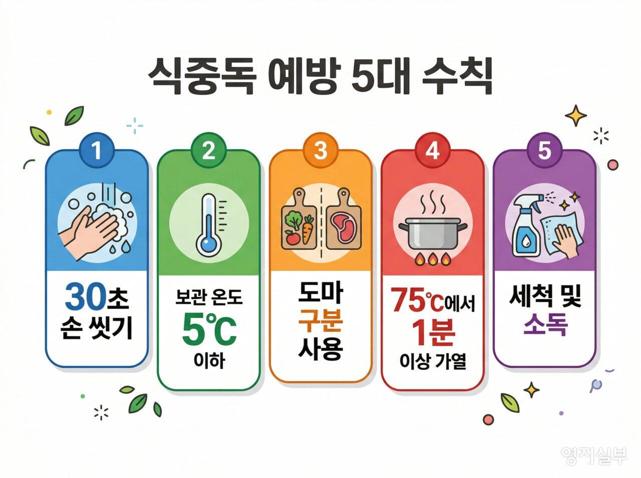 식중독 예방 5대 수칙 손씻기 보관온도 가열 세척소독 인포그래픽

