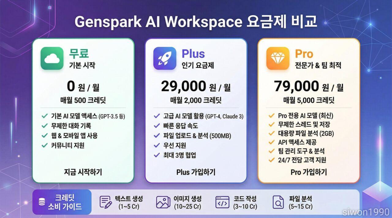 젠스파크 AI 워크스페이스 요금제 비교 인포그래픽