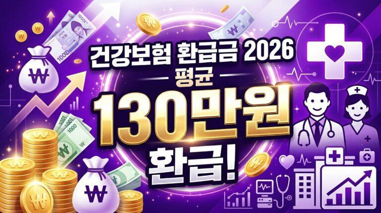 "건강보험 환급금 2026 – 평균 130만원!" + 보라 배경, 돈/병원 아이콘