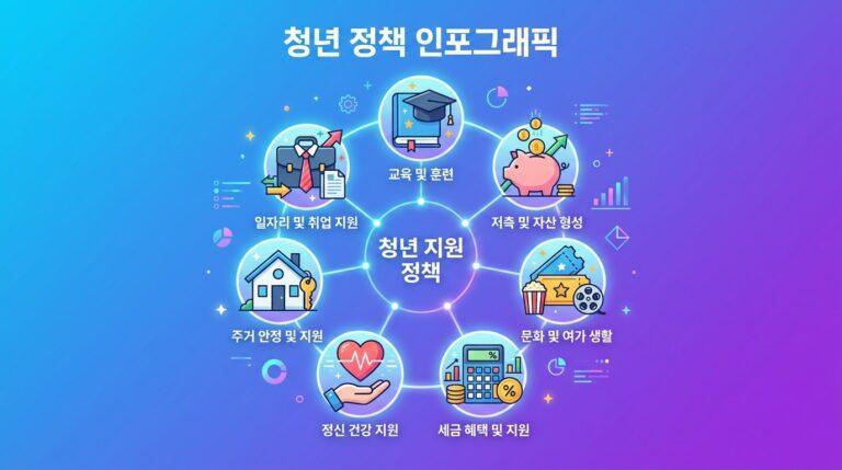 2026년 청년 정책 7가지 인포그래픽 (일자리, 주거, 금융, 교육 지원)