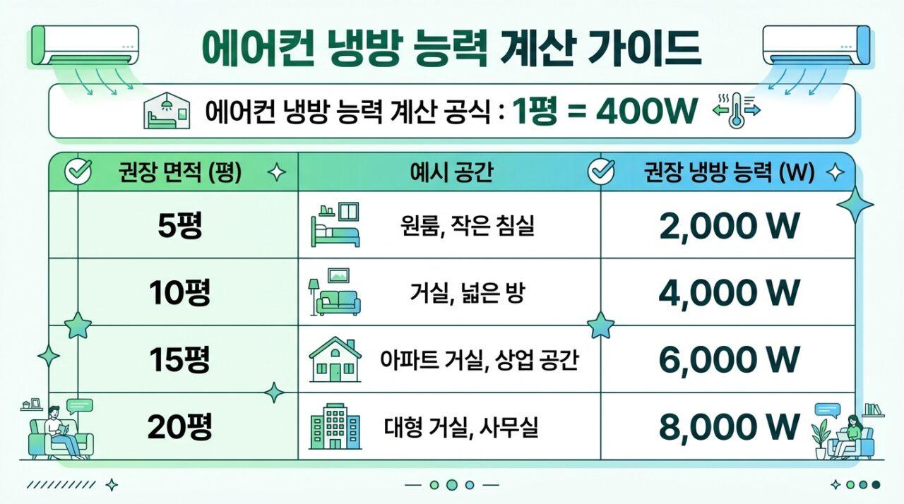 에어컨 평수별 냉방능력 계산표 — 5평 원룸부터 20평 거실까지