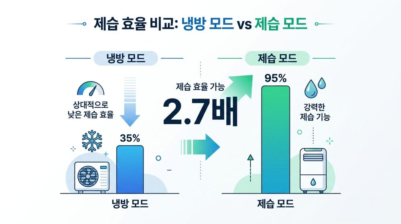 에어컨 제습 모드 습도 제거 효율 — 냉방 대비 2.7배 높음