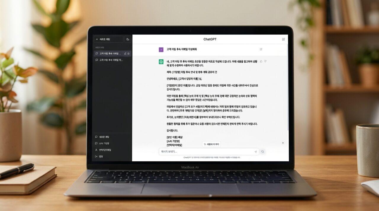 챗GPT로 업무 이메일 자동 작성한 예시 화면