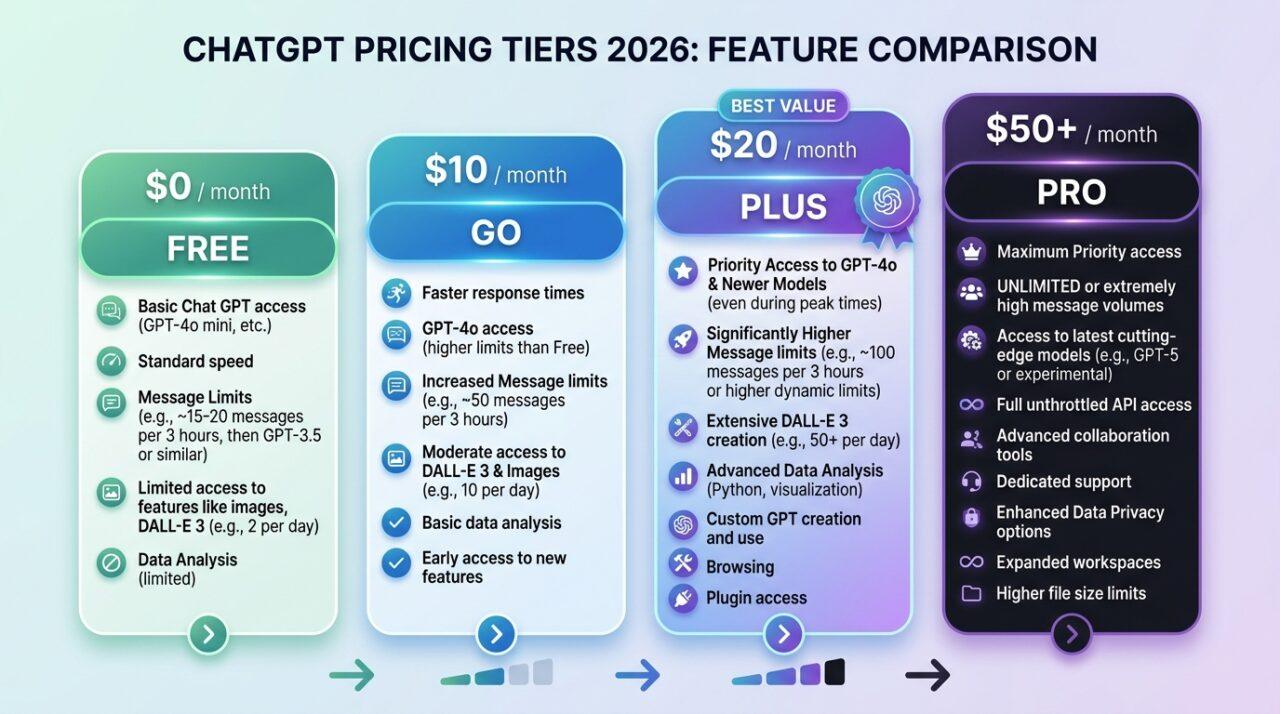 2026년 ChatGPT 요금제 Free Go Plus Pro 기능 비교 인포그래픽