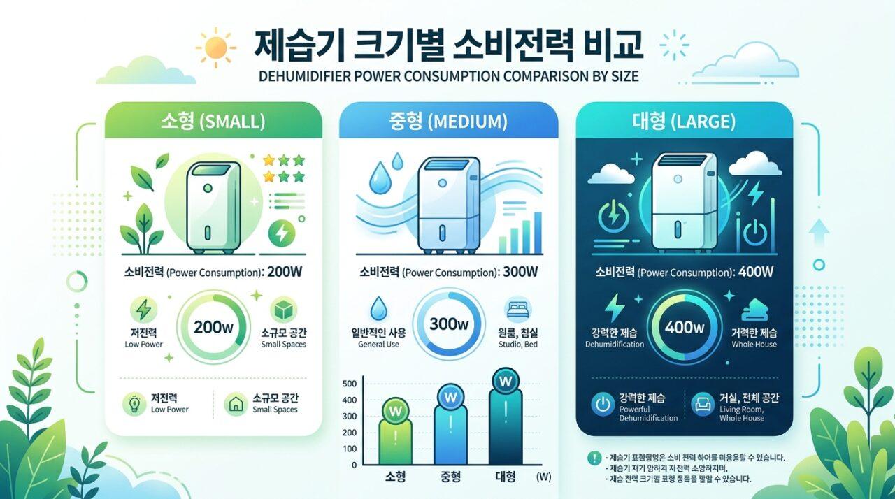 제습기 용량별 소비전력 비교표 — 소형 200W vs 중형 300W vs 대형 400W