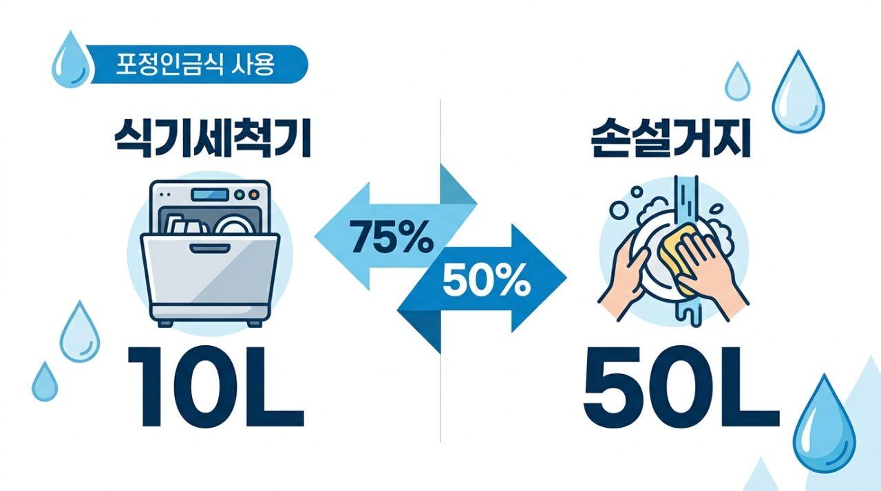 식기세척기 vs 손설거지 물 사용량 비교 — 1회 10L vs 40~60L