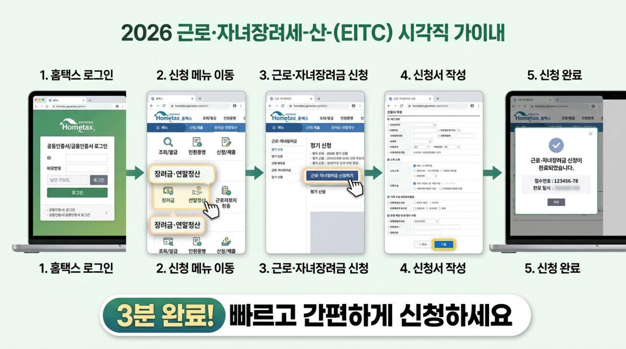 2026년 근로장려금 홈택스 정기 신청 화면 캡처 및 신청 단계 안내