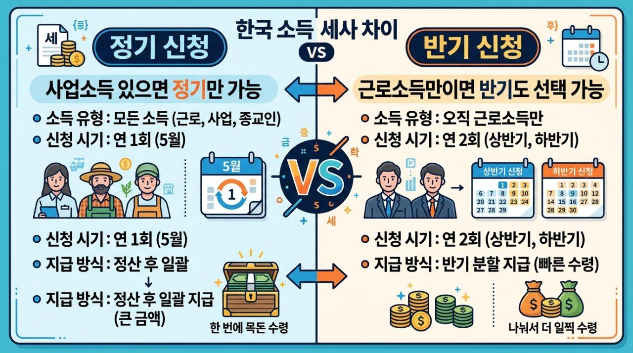 근로장려금 정기 신청과 반기 신청의 차이점 비교 인포그래픽