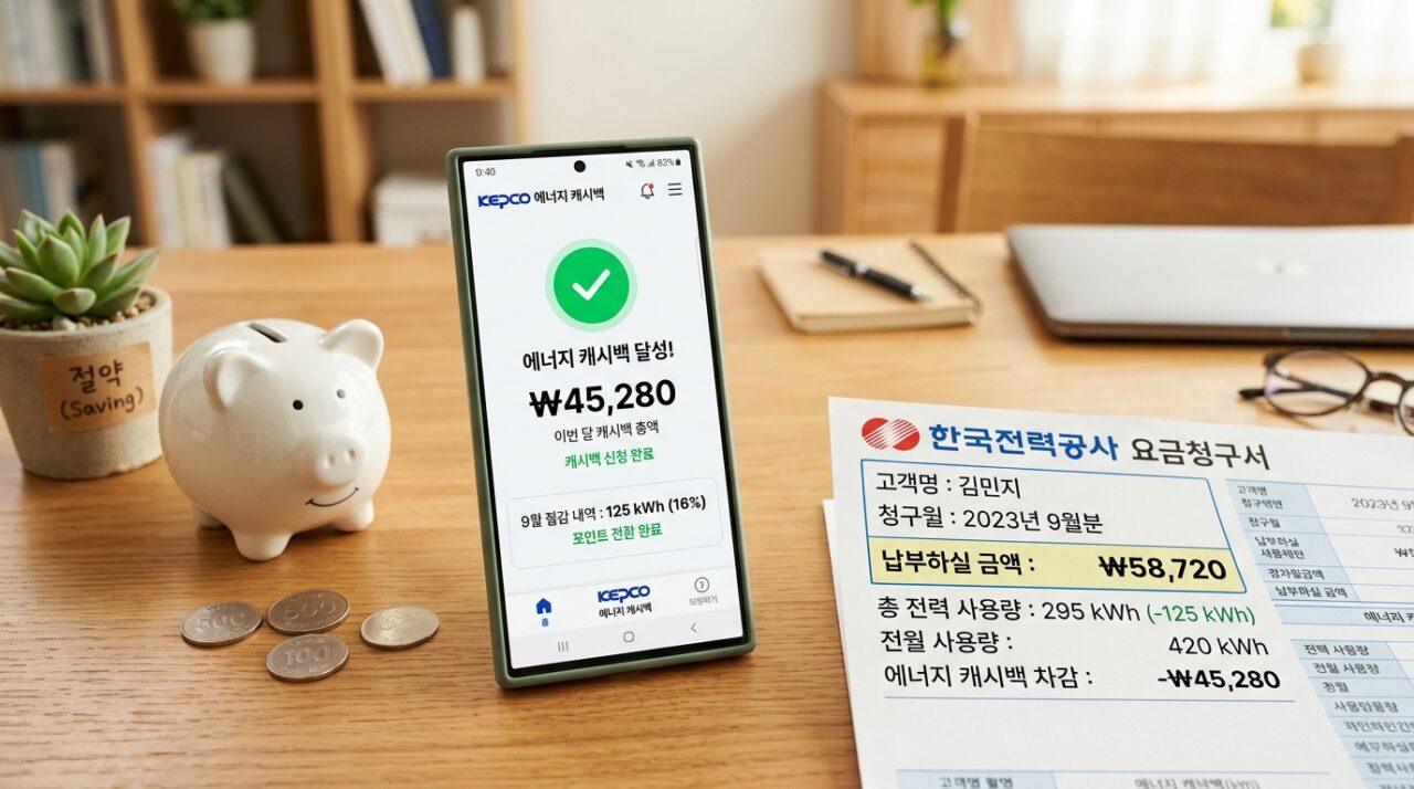 한전 에너지캐시백 앱 신청 화면과 전기요금 절약 이미지