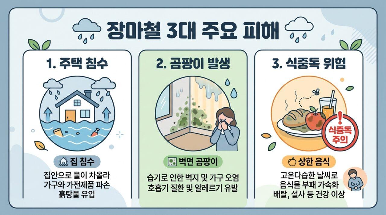 장마철 3대 피해 유형 침수 곰팡이 식중독 비교 인포그래픽