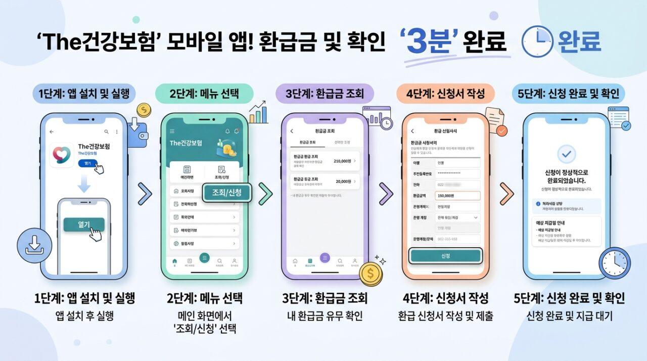 The건강보험 앱으로 건강보험료 환급금 조회 및 신청하는 5단계 가이드 화면