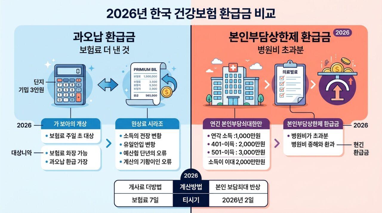 건강보험료 과오납 환급금과 본인부담상한제 환급금의 차이점 비교 표