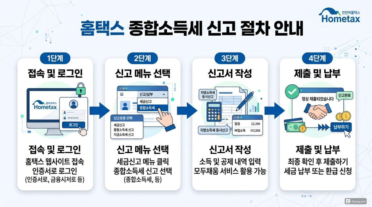 홈택스 종합소득세 신고 단계별 화면 — 세금신고 메뉴 선택부터 제출까지