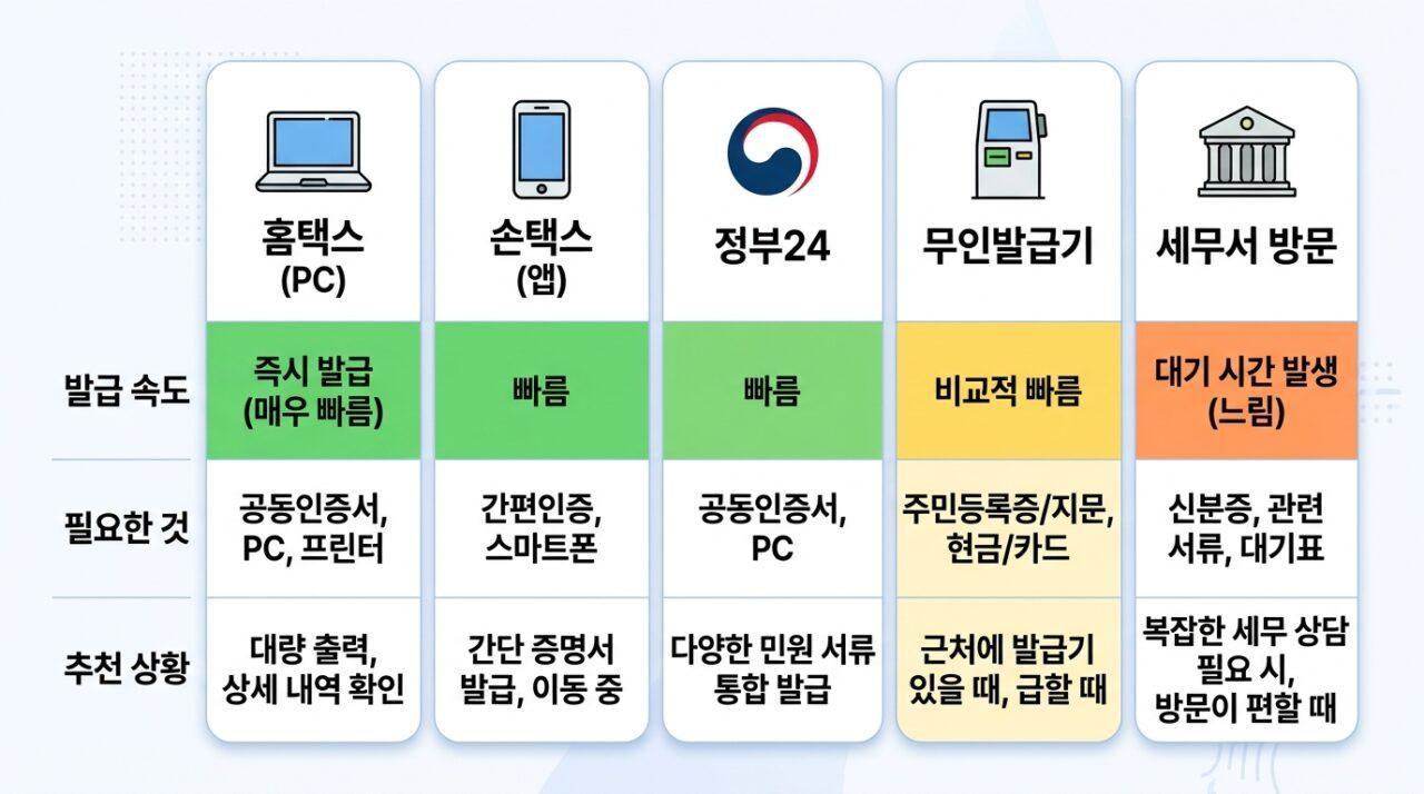 소득확인증명서 발급 채널 5가지 비교 홈택스 손택스 정부24 무인발급기 세무서