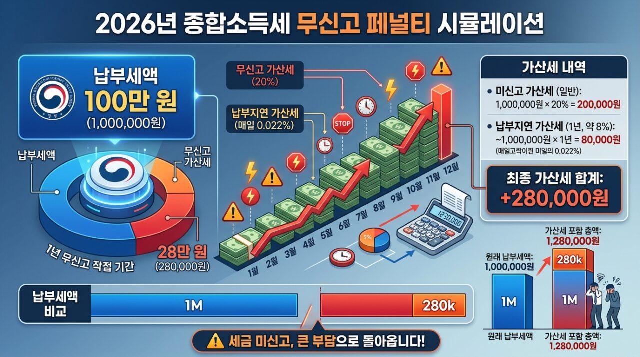 종합소득세 무신고 시 가산세 시뮬레이션 및 불이익 정리 인포그래픽