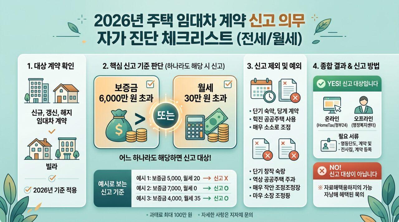 2026년 전월세 신고제 신고 대상 자가진단 체크리스트와 보증금 월세 기준표