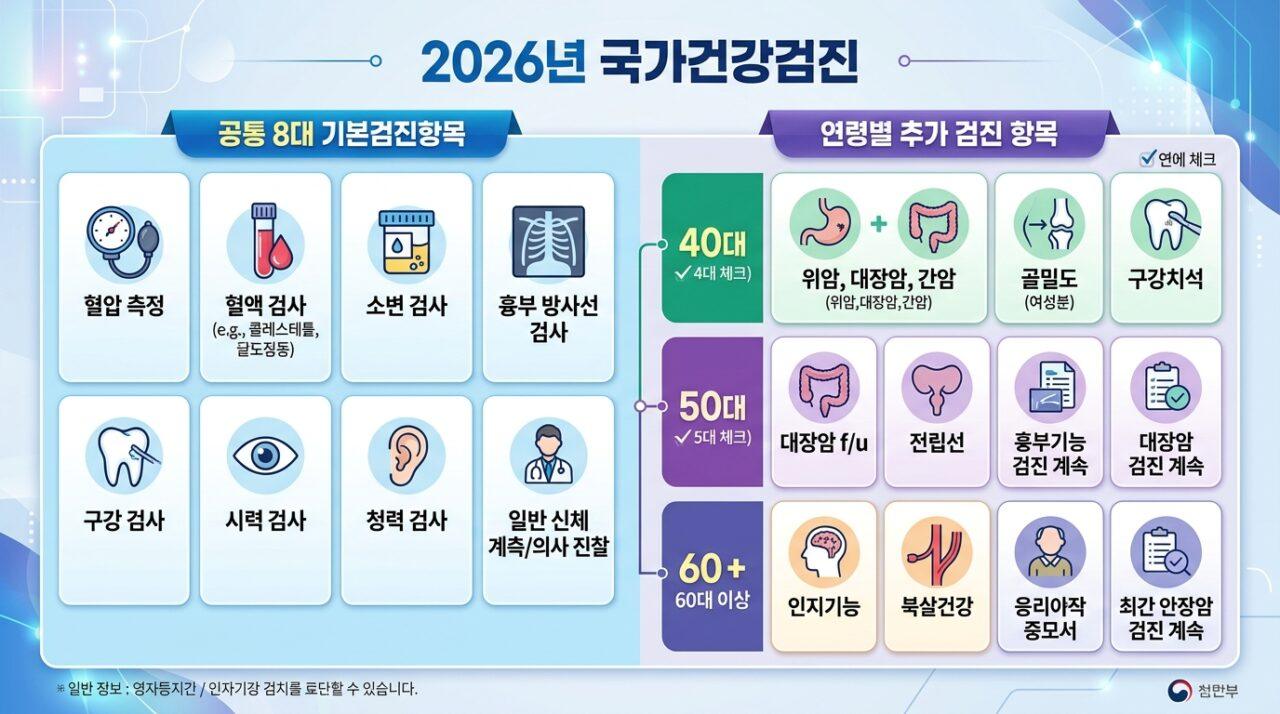 2026년 국가건강검진 공통 항목과 연령별 추가 검사 항목 비교 표
