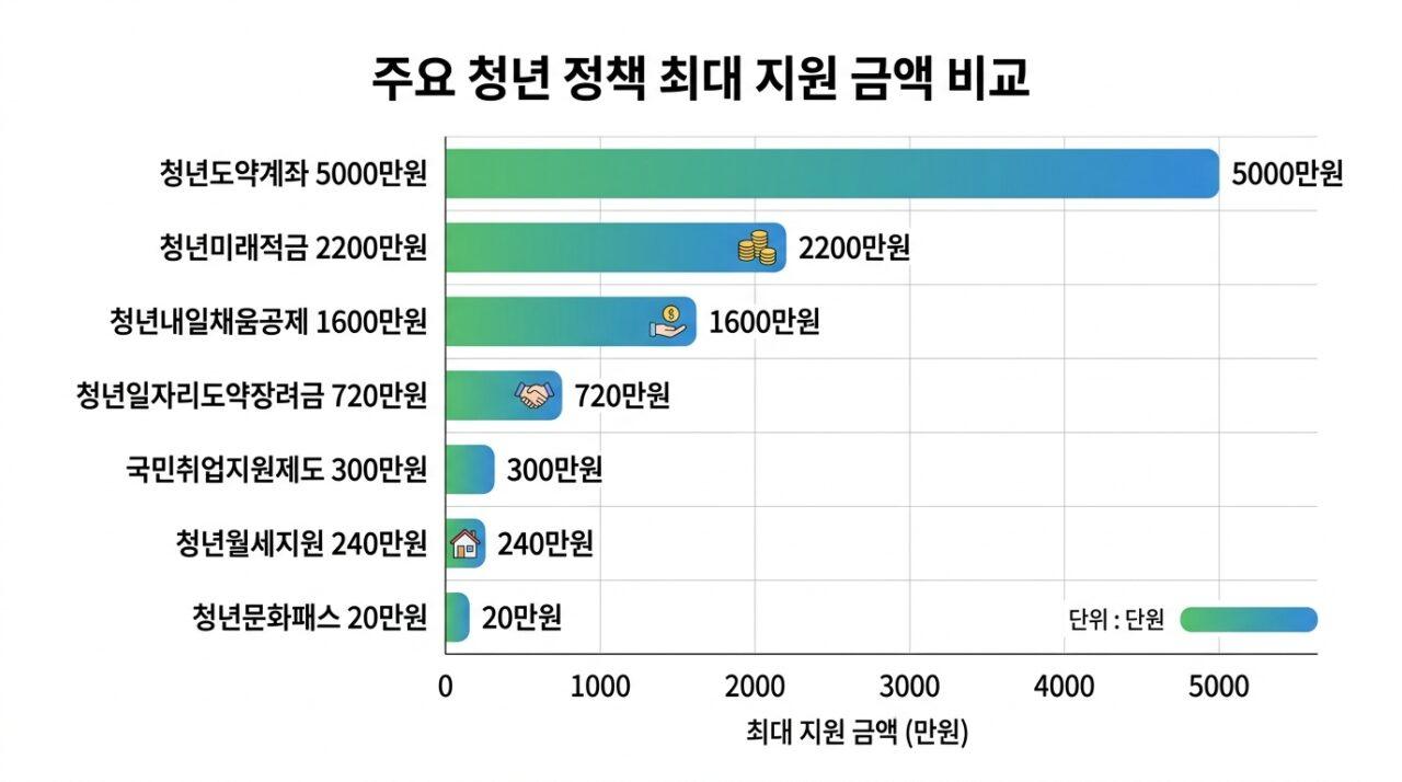 청년 정책별 지원 금액 비교 막대 그래프
