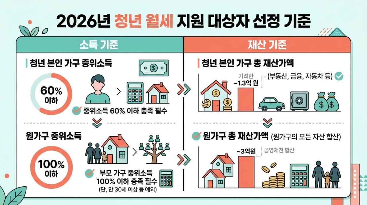 2026년 청년월세 지원 소득 기준과 재산 기준 비교 표