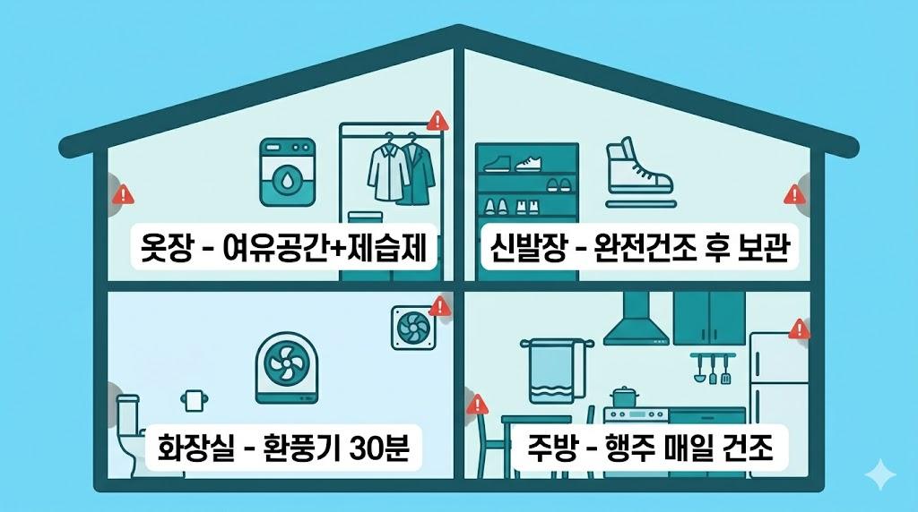 옷장 신발장 화장실 주방 공간별 습기 곰팡이 관리법