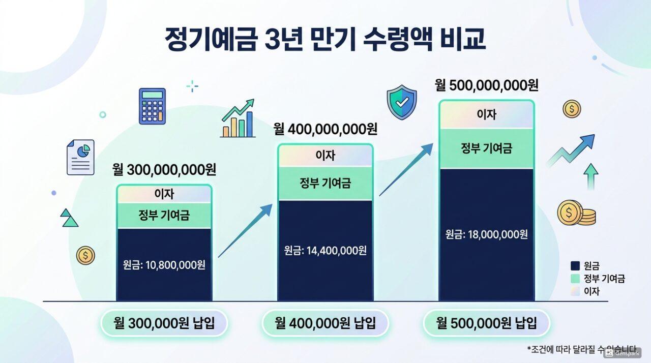 청년미래적금 월 납입액별 만기 수령액 시뮬레이션 그래프