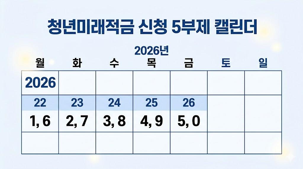 청년미래적금 신청 5부제 캘린더 — 6월22일부터 출생연도 끝자리별 신청일
