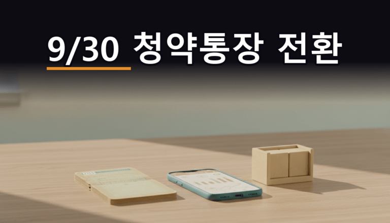 오래된 종이 청약통장과 스마트폰 뱅킹 앱, 탁상 달력이 놓인 책상 - 청약예금 주택청약종합저축 전환 마감 안내