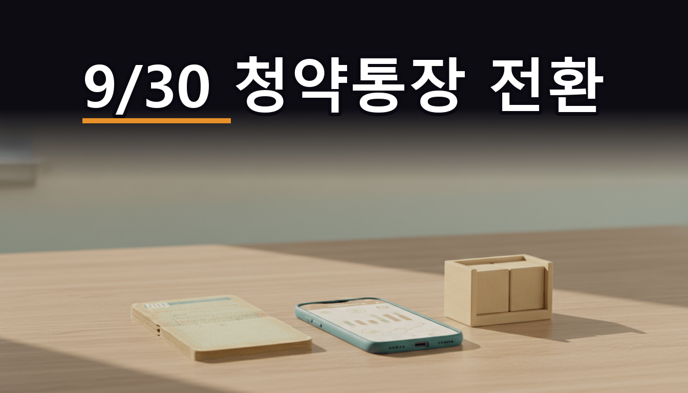 오래된 종이 청약통장과 스마트폰 뱅킹 앱, 탁상 달력이 놓인 책상 - 청약예금 주택청약종합저축 전환 마감 안내
