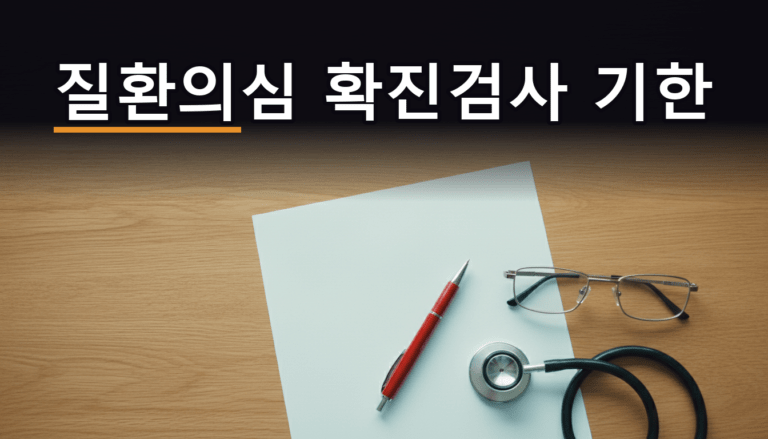 건강검진 결과통보서와 혈압계·혈당측정기가 놓인 책상, 건강검진 질환의심 확진검사 안내 이미지
