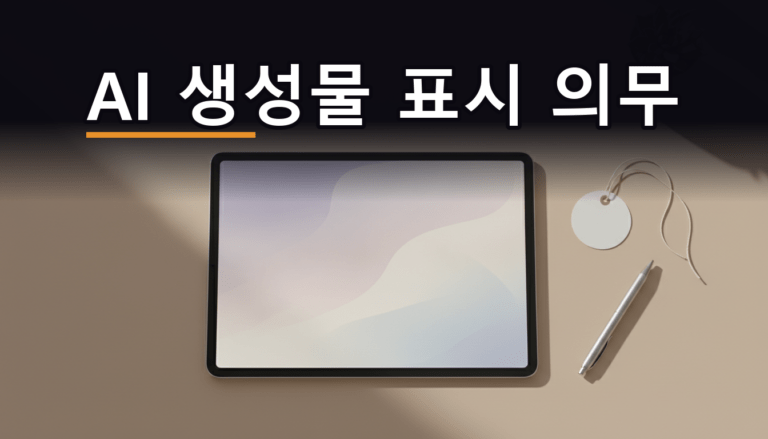 AI 생성물 표시 의무를 상징하는 태블릿 위 추상 이미지와 빈 라벨 태그