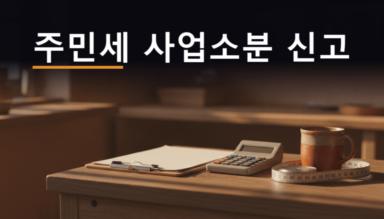 주민세 사업소분 신고 기간을 앞둔 소규모 사업장 카운터 위의 계산기와 서류, 줄자