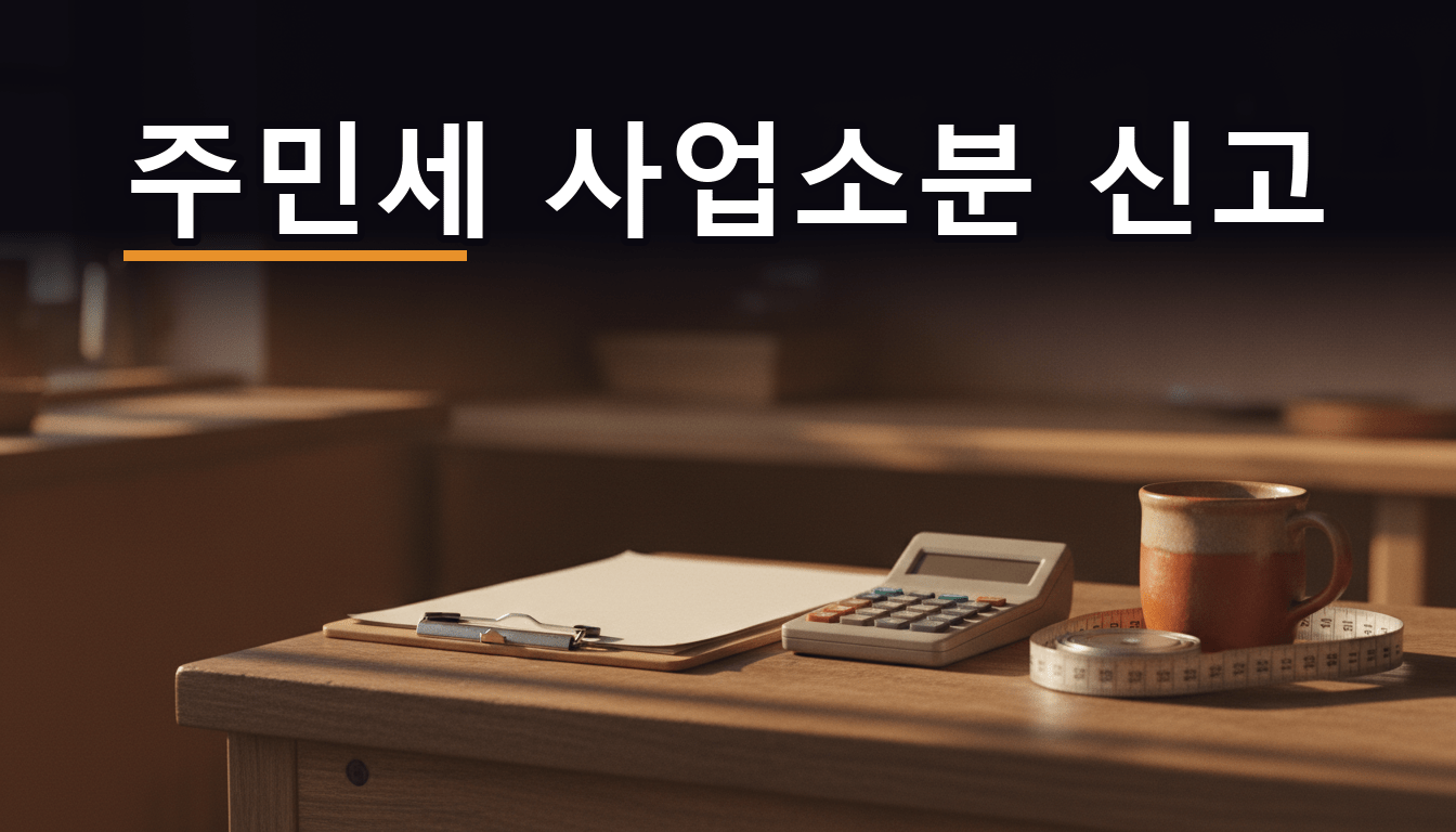 주민세 사업소분 신고 기간을 앞둔 소규모 사업장 카운터 위의 계산기와 서류, 줄자